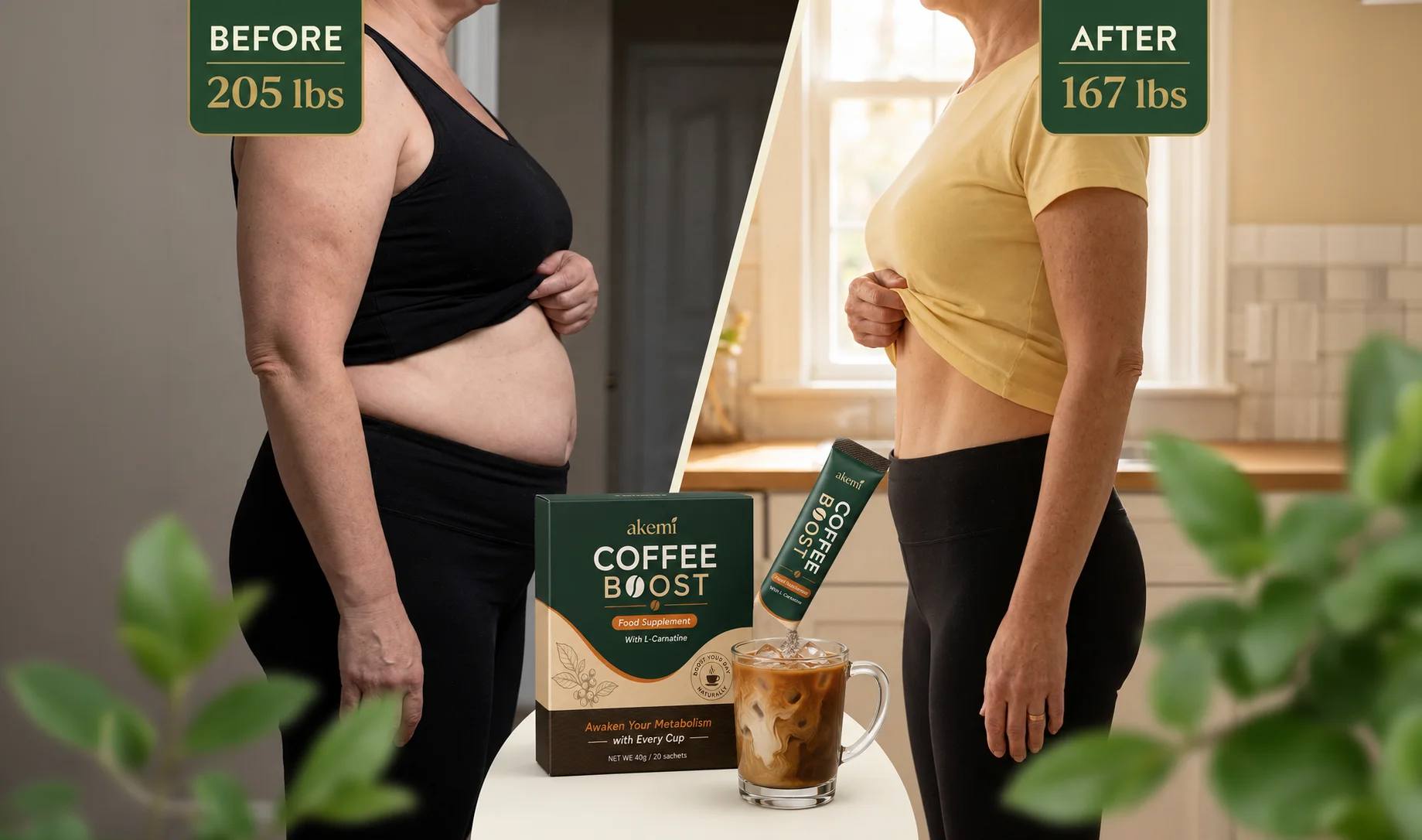 Before and after using Akemi Coffee Boost